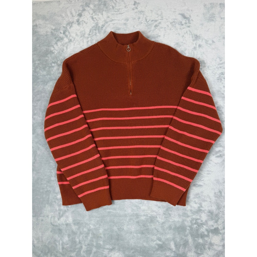 LILLUSORY Womens XL Quarter Zip Striped Ribbed Sweater Rust Pink LS0119